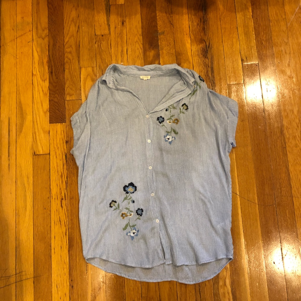 Striped, embroidered, button up short sleeve tunic